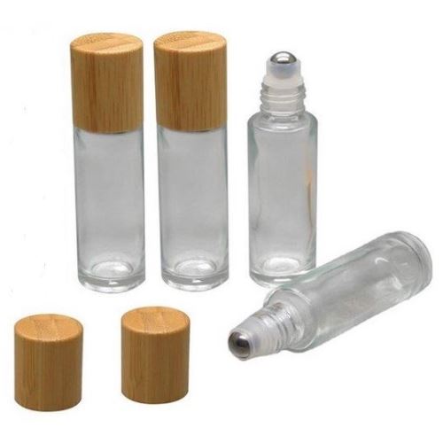 Roll-on en verre avec bille en métal et bouchon en bambou, transparent, 10 ml