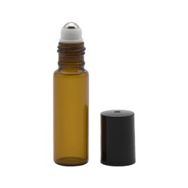Roll-on en verre brun avec bouchon noir, 5 ml