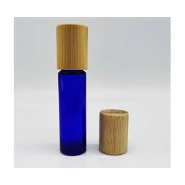 Roll-on en verre avec bille en métal et bouchon en bambou, bleu, 10 ml