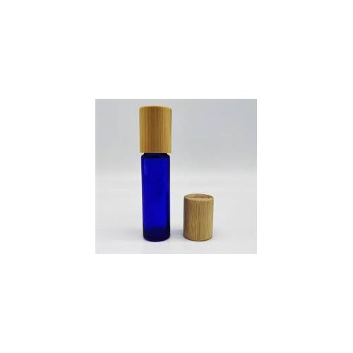 Roll-on en verre avec bille en métal et bouchon en bambou, bleu, 10 ml